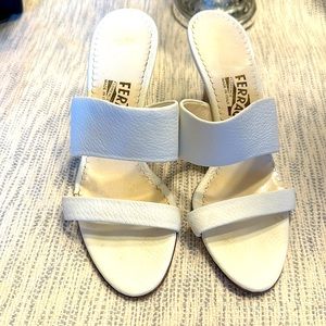 Salvatore Ferragamo White Pebbled Leather Wooden Wedge